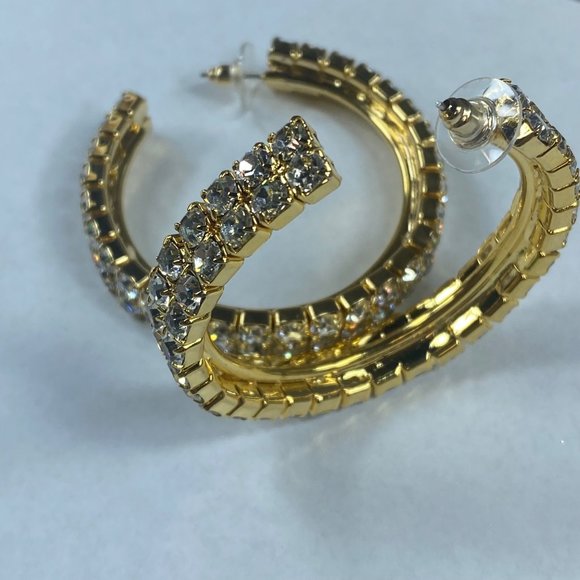 Gold Tone Hoop Rhinestone Pierced Post Earrings Women Sparkle Shine Dress Up - Picture 10 of 16